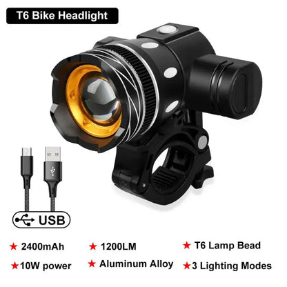 Feu avant de vélo à LED T6, rechargeable par USB, 2 400 mAh, pour Zoom, lampe torche de vélo, accessoires de vélo VTT