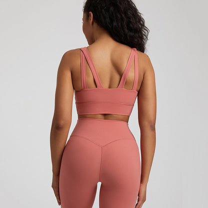 Soutien-gorge de sport dos croisé couleur chair pour femme – Haut respirant pour le yoga et le fitness