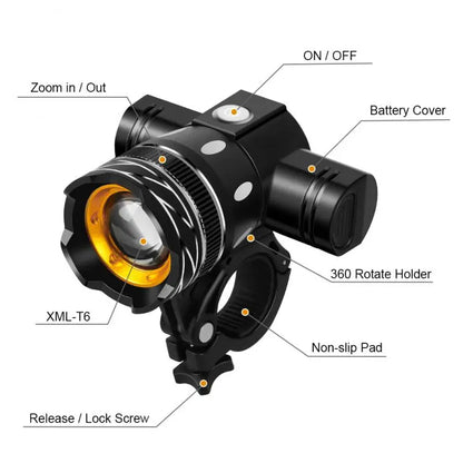 Feu avant de vélo à LED T6, rechargeable par USB, 2 400 mAh, pour Zoom, lampe torche de vélo, accessoires de vélo VTT